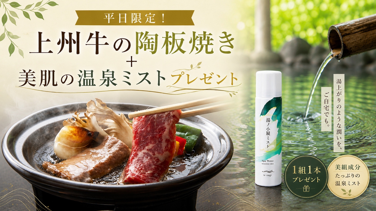【平日限定プラン】料金そのままで美肌の温泉ミスト付■特典＆貸切温泉で記念日・女子旅利用にも｜2食付
