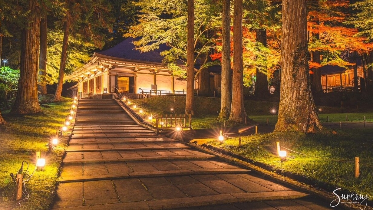 中尊寺紅葉ライトアップ「紅葉銀河」　温泉宿まで１０分。美味しいシャブシャブ付