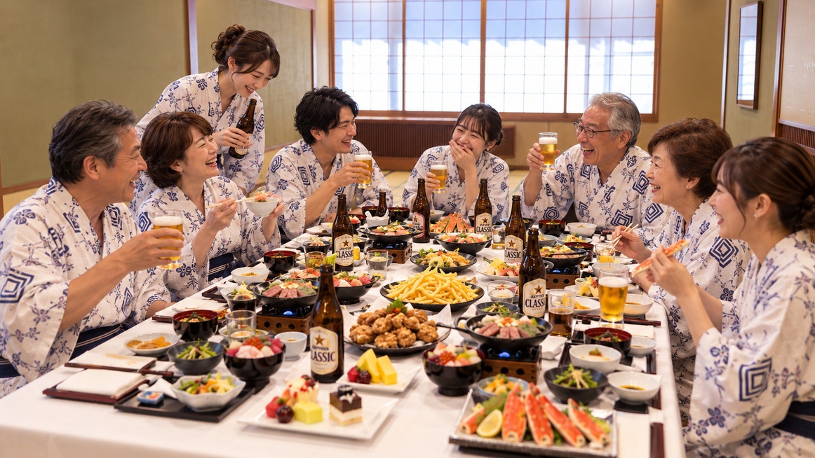 【＜2食付＞10〜28名様グループ限定】夕食は小宴会場の個室確約＆無料飲み放題60分→90分に延長！