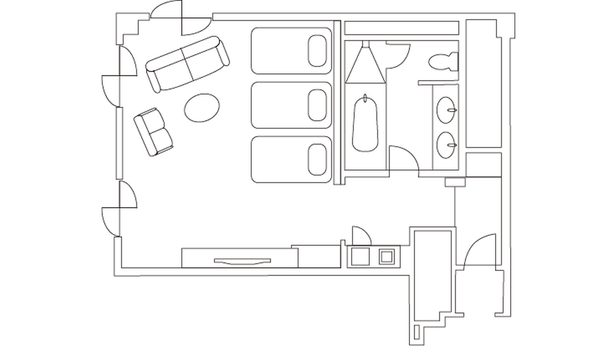 コーナースイートトリプル 平面図（56㎡/100㎝&times;200㎝）