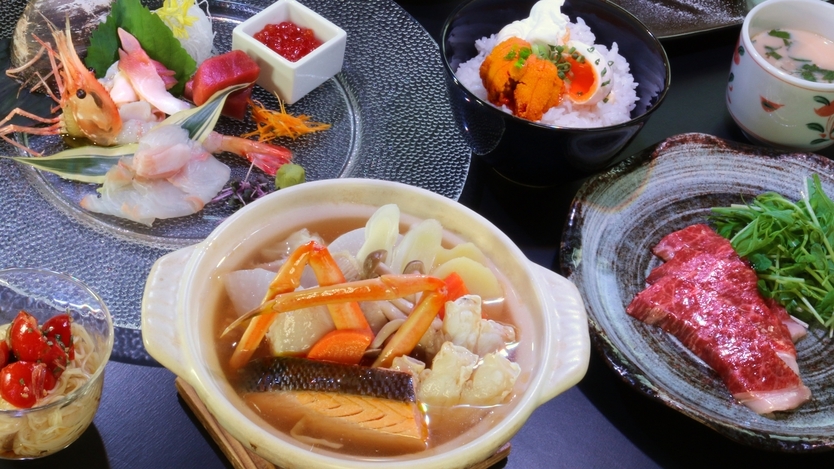 【グレードアップ】三石こぶ黒和牛の石焼き＆日高海鮮鍋コース＜蟹・鮭・鰈＞◆しめは雲丹ご飯♪1/31迄
