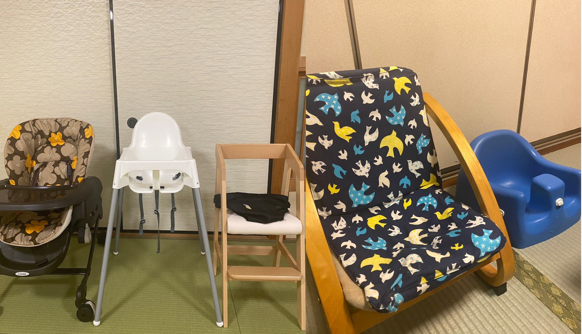 お食事場所ではお子様用の椅子を数種類ご用意しております。
