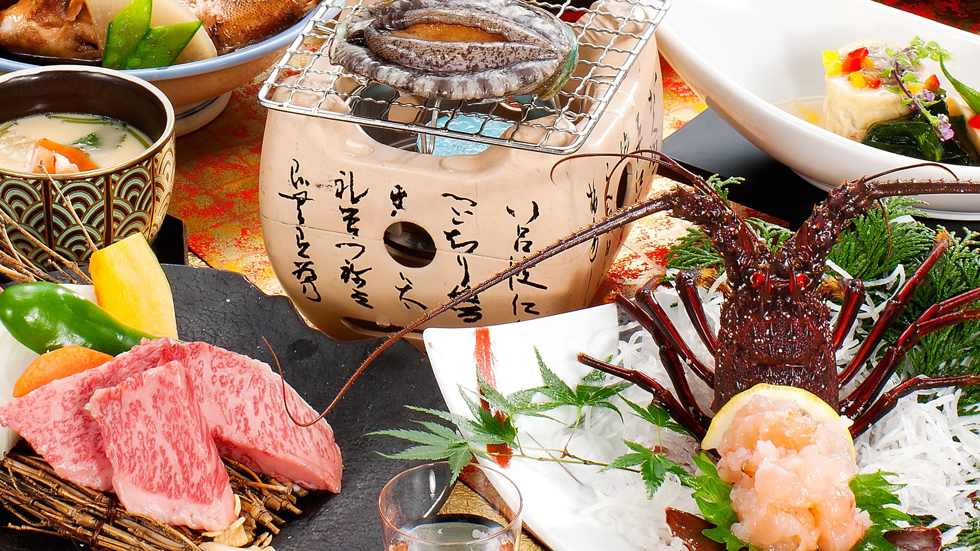 松阪牛とＡ5等級トモサンカク食べ比べ、伊勢えびお造り＆あわび踊り焼き付き