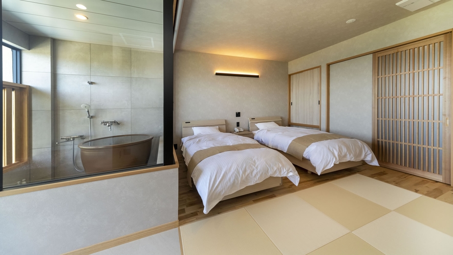 露天風呂付客室一例402、高級ベッドメーカーSealy（シーリー）のベッド採用