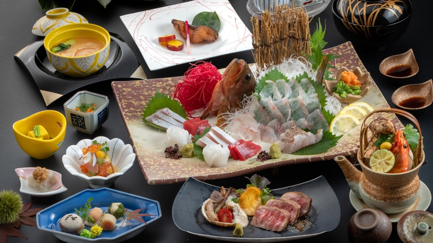 【夕食グレードアップ-秋の優（Yu）会席-】秋の贅沢味覚！アコウ鯛姿造り×松茸土瓶蒸し×黒毛和牛
