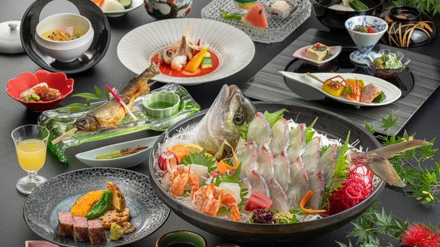 【夕食グレードアップ-夏の優（Yu）会席-】贅沢味覚！高級魚”縞鯵”姿造り×鮎塩焼×黒毛和牛ステーキ