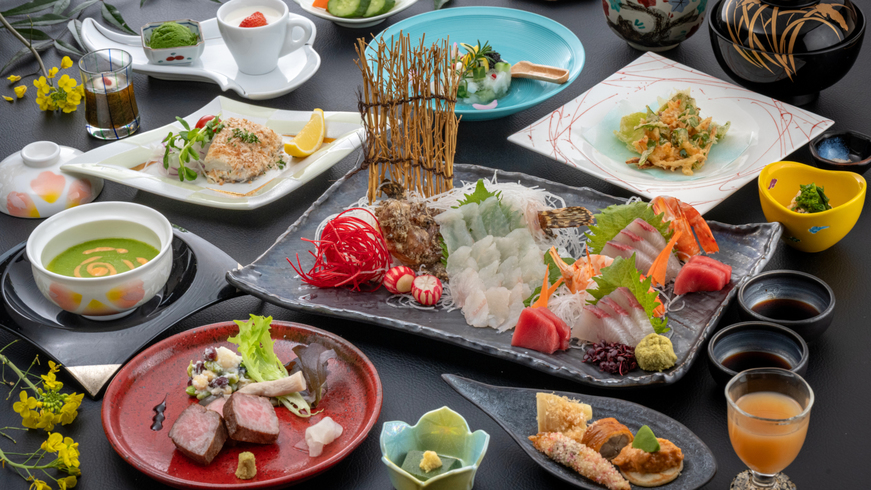 【夕食グレードアップ-春の優（Yu）会席-】贅沢味覚！高級魚 虎魚（おこぜ）姿造り×黒毛和牛ロースト