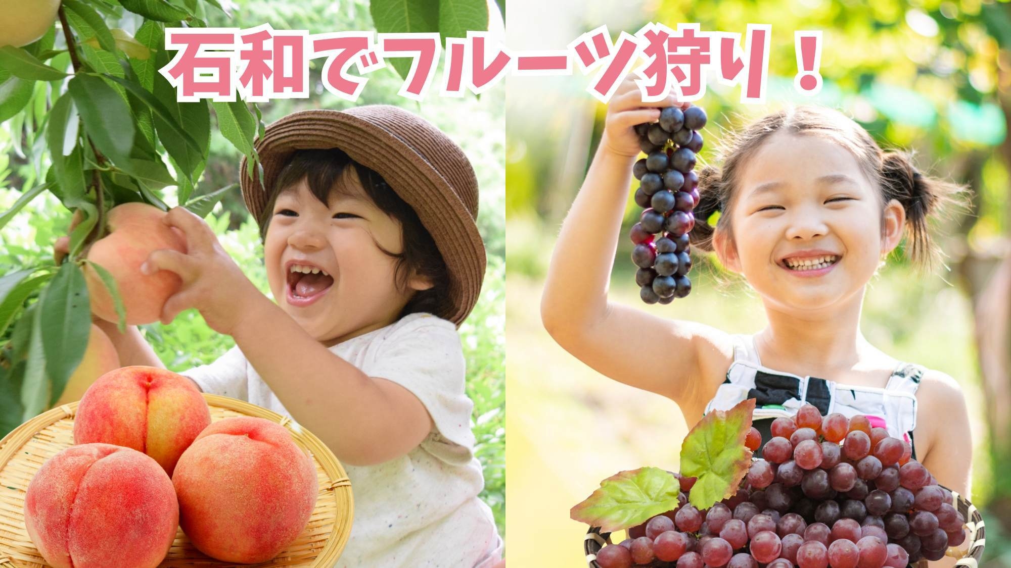【家族でフルーツ狩り体験！】フルーツ王国石和でジューシーな桃orぶどう狩り〇ご夕食は甲州牛満載花桃膳