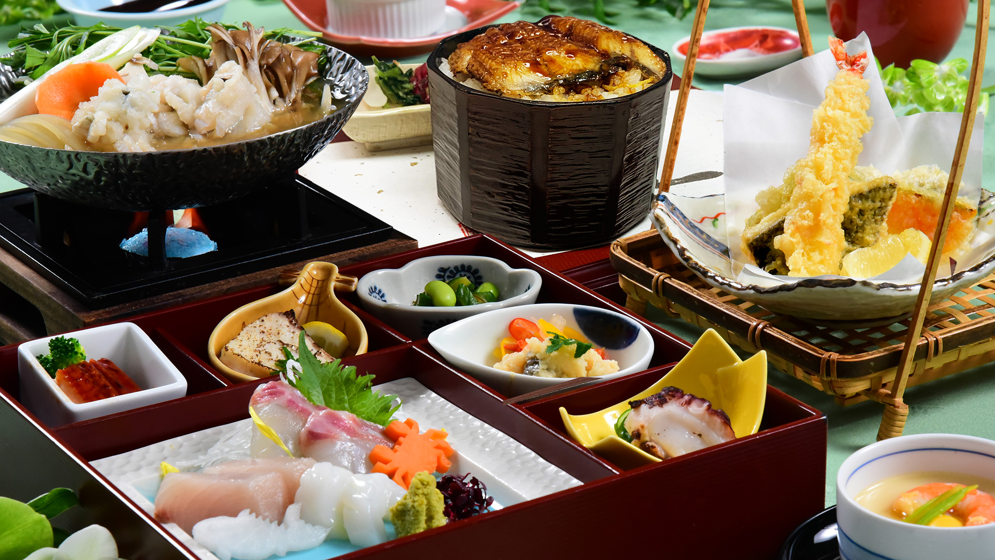 季節の美味が詰まった宝箱に、関西の夏の味「鱧鍋」と天ぷら、鰻丼をご一緒に。