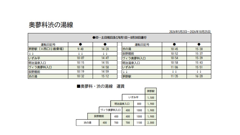 バス奥蓼科渋の湯線 時刻表 ［運行日：土曜日、日曜日、祝日 ※平日運休］