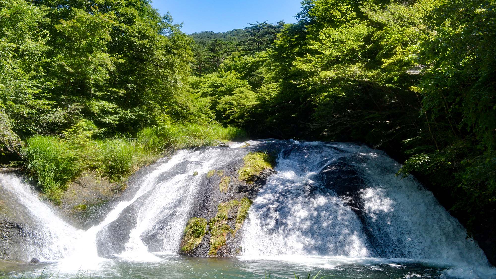 ・【釜淵の滝】大きな岩の上を幾筋にも分かれて落ちる清流が爽快