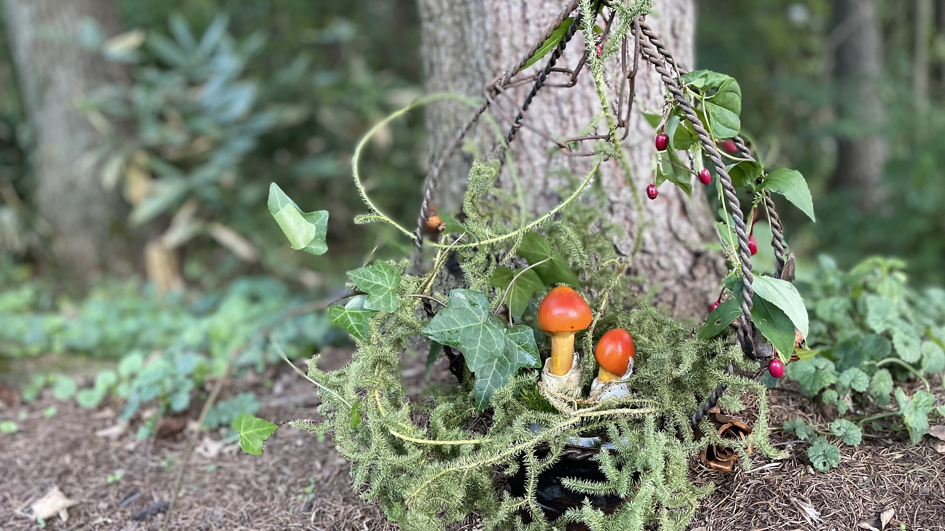 野のきのこと草花で作ったフラワーアレンジメント