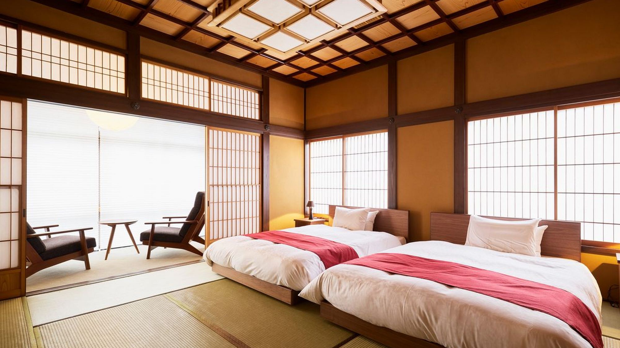 【リニューアル和室】１２畳　／　ツインベッド（シモンズ）：部屋名「佳松」