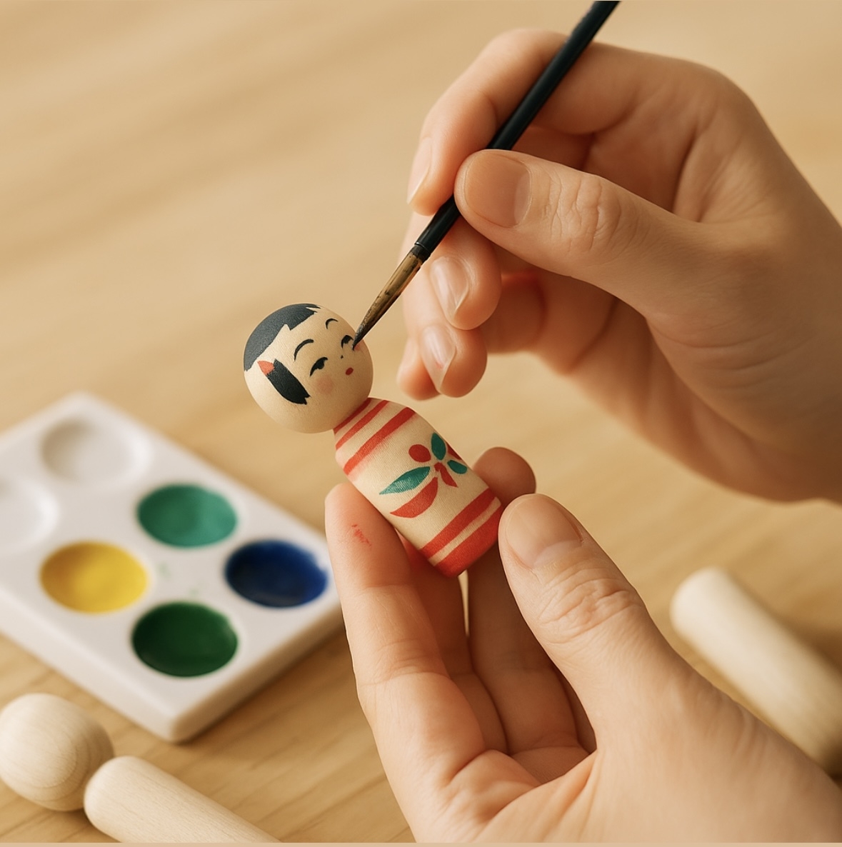 【家族旅・女子旅に◎】絵の具と筆をご用意♪旅館でゆったりこけし絵付け体験