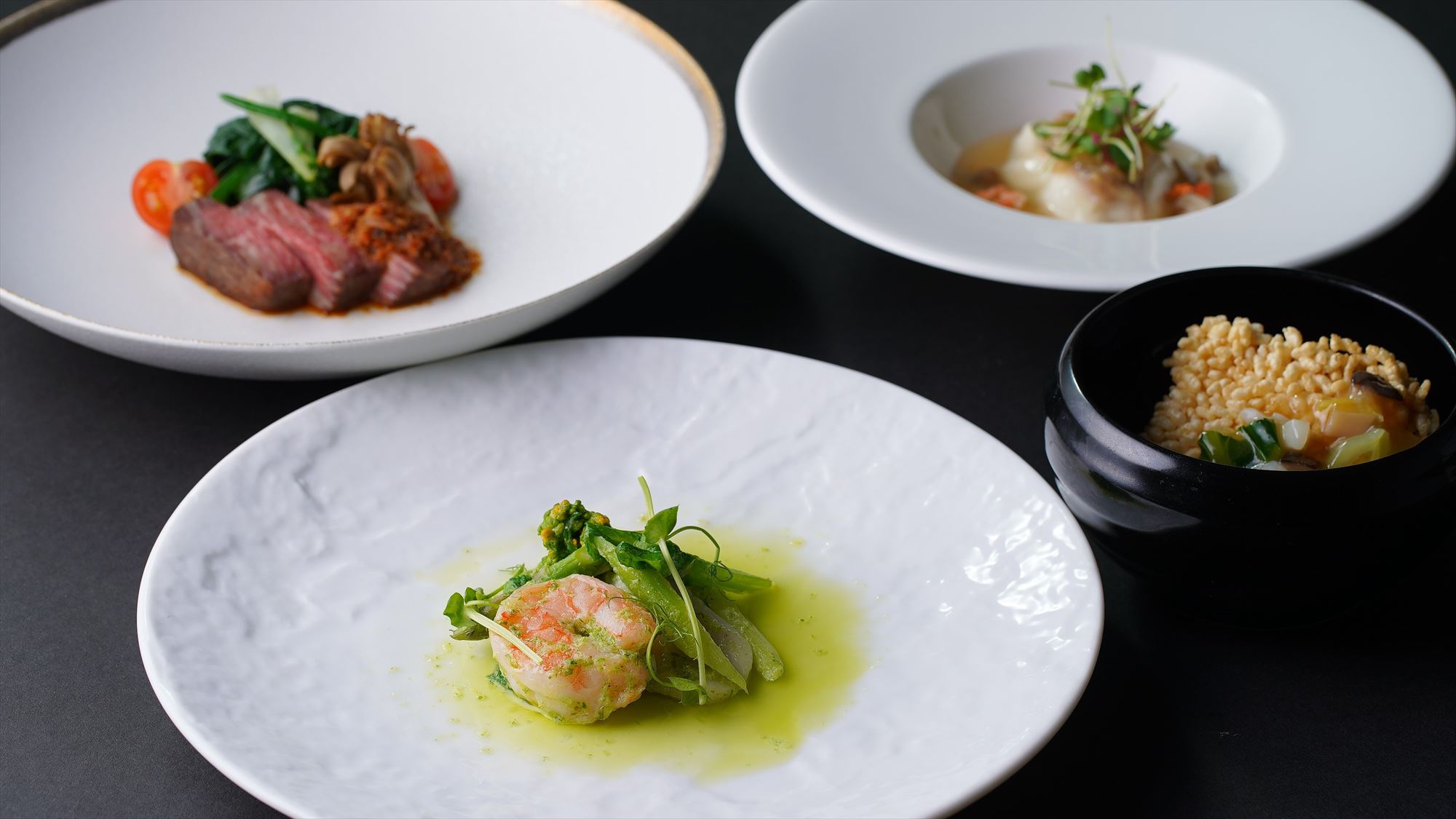 大観苑：春風・大観苑の木蓮コース／佐賀県産和牛の自家製XO醤炒めに、ふかひれ、海の幸、真鯛と大満足の全7品のコース料理。