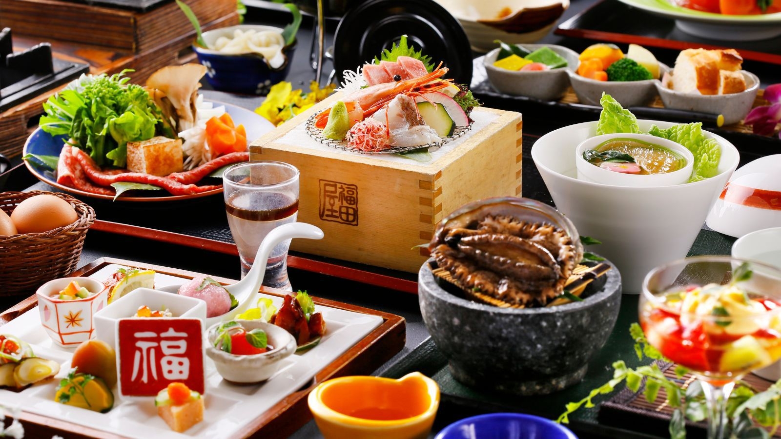 【秋冬SALE】【福田屋会席｜標準】A5長崎和牛すきしゃぶ・鮑の溶岩踊り・雲仙野菜チーズフォンデュ