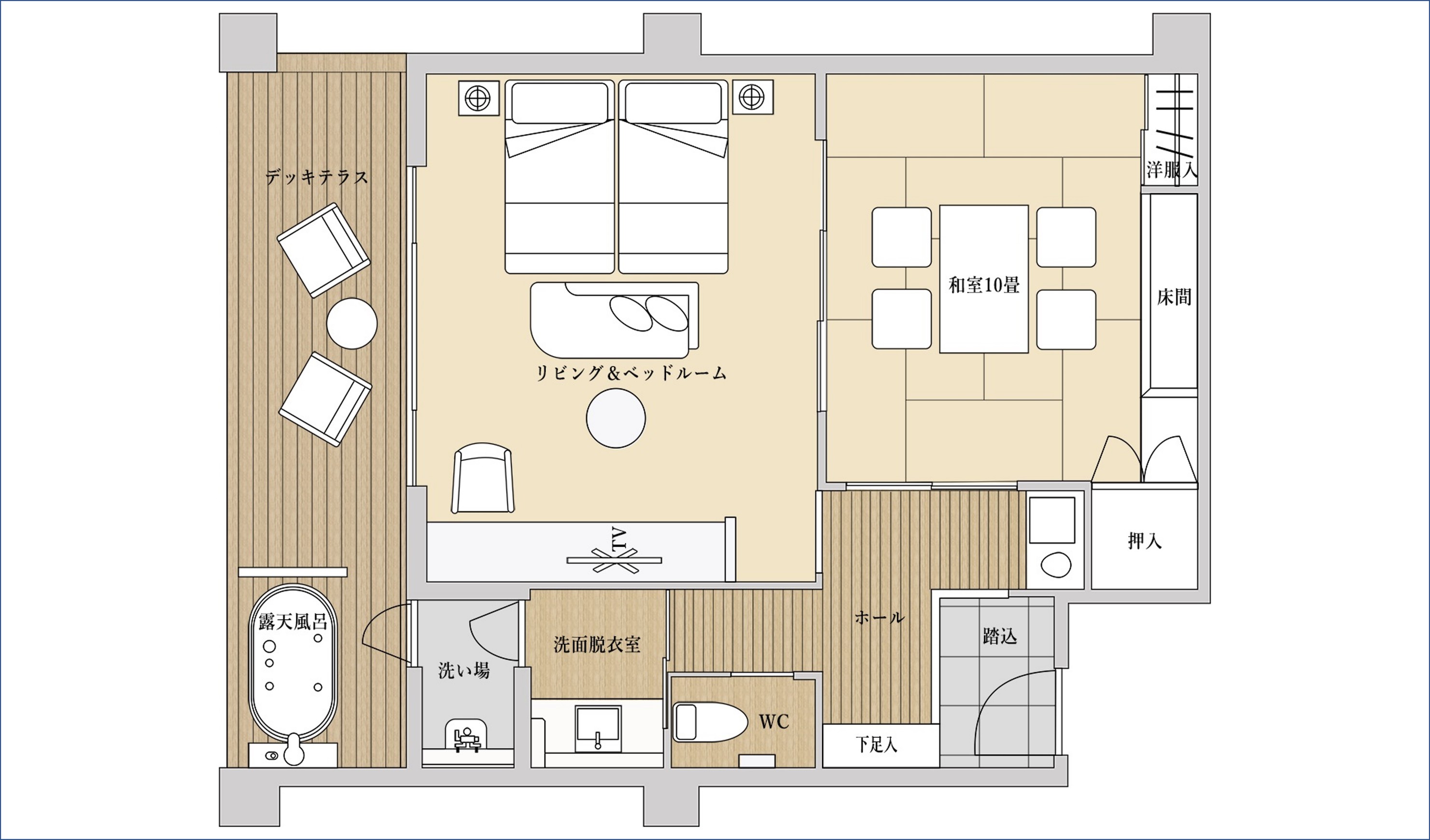 温泉露天風呂客室【杜と海と】７１平米・和洋室【禁煙】 平面図