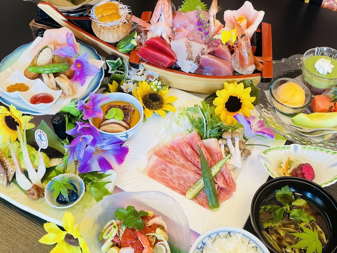 『刺身舟盛り付き』『福島牛サーロイン付き』いわきの食材を活かした会席料理『雅-MIYABI』