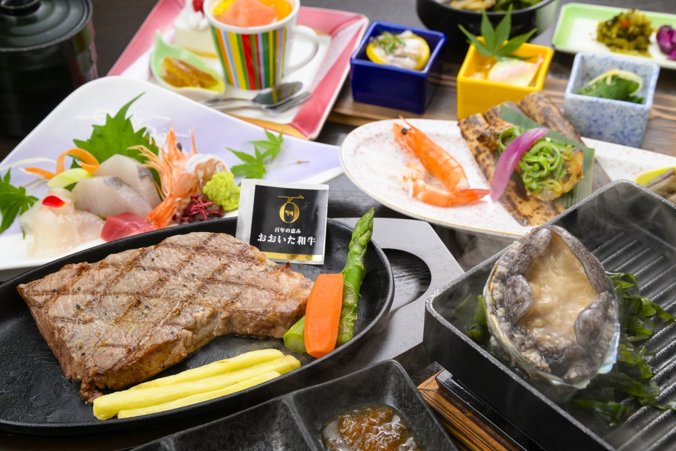 【おおいた和牛ステーキ会席】ステーキ＆鮑踊り焼きを味わう当館一番人気の会席（お部屋食）