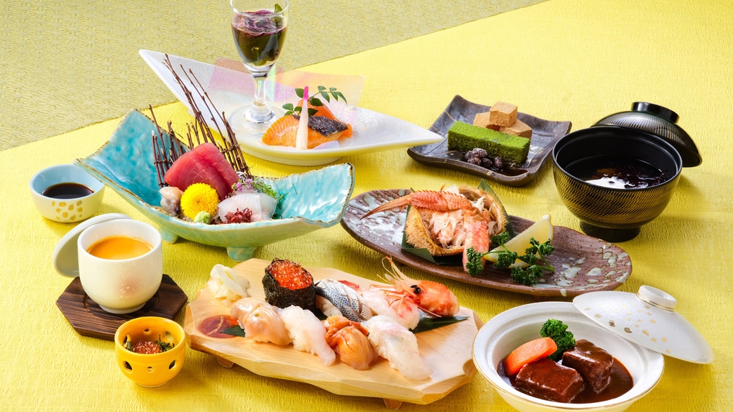 【みやこ宿泊割対象2，000円引き！】夕食時間18:00〜19:30 1泊2食付き寿司会席プラン