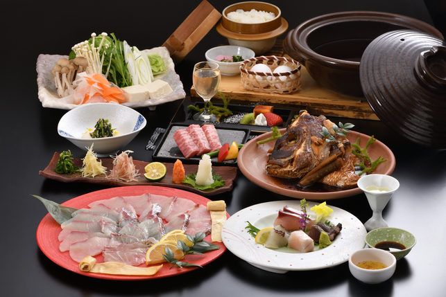 ■春夏限定:薬味爽やかに 桃鯛とブリヒラの出汁しゃぶ×奈義和牛鉄板焼き■