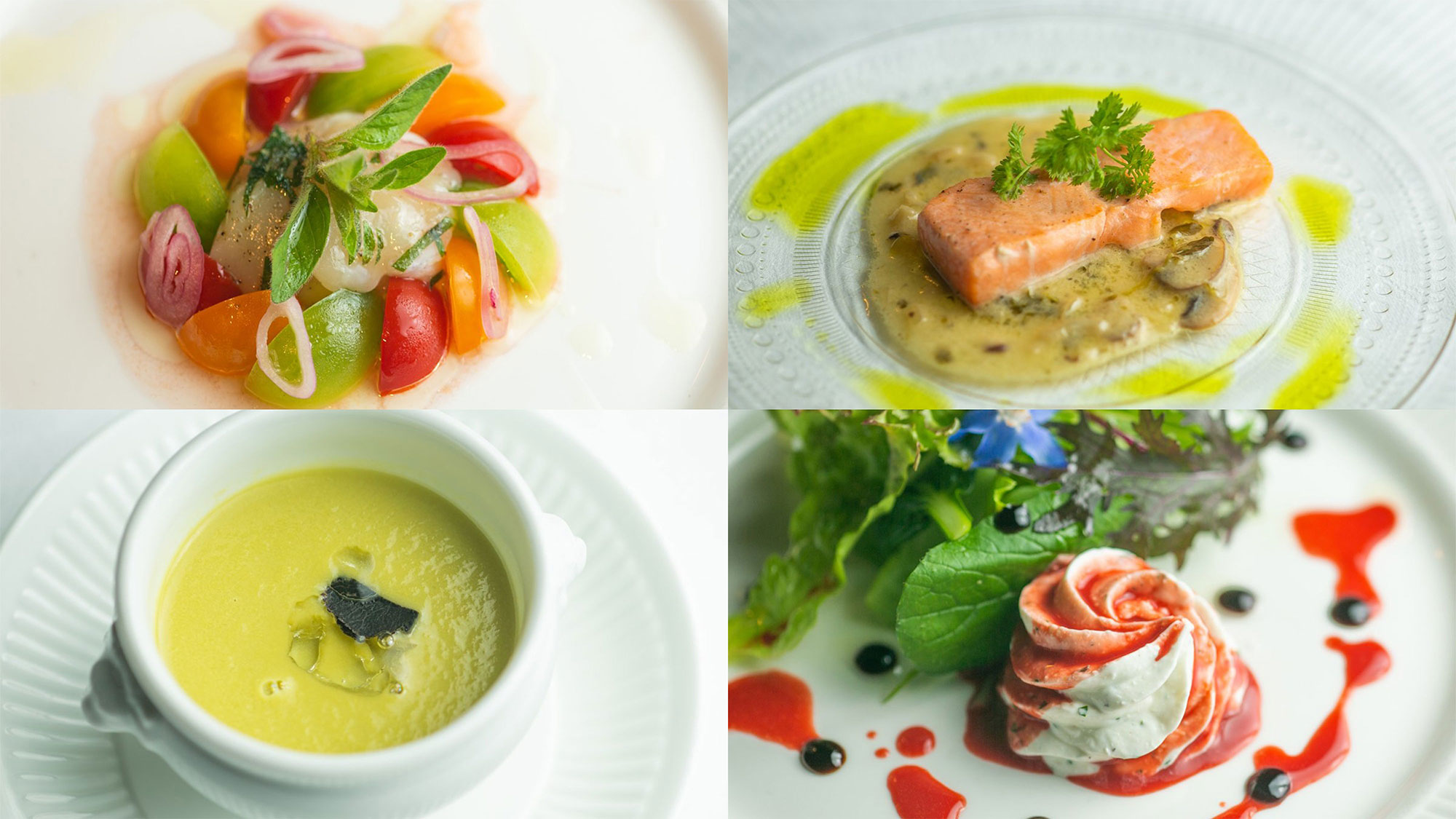 【夕食前菜一例】前菜は４種。本場フランスの高級食材や日本の旬の食材を厳選した料理です。