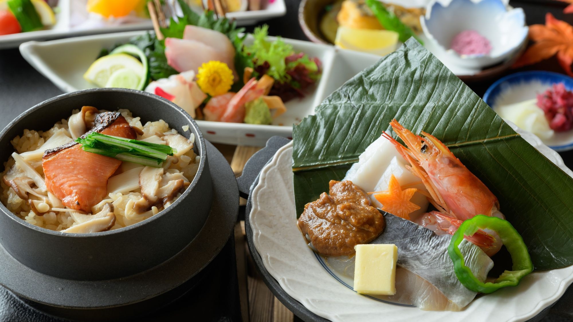 【秋の日帰り〇秋海御膳】海鮮棒葉味噌焼き&鮭と茸の釜飯！海を眺める露天風呂でゆったり♪秋旅応援