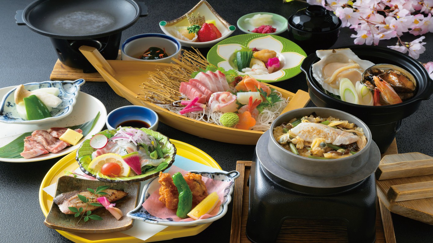 【桜鯛の釜飯付〇春海会席】海鮮三昧にサーロインステーキ！桜鯛も♪福井のご馳走なら鷹巣荘にお任せ