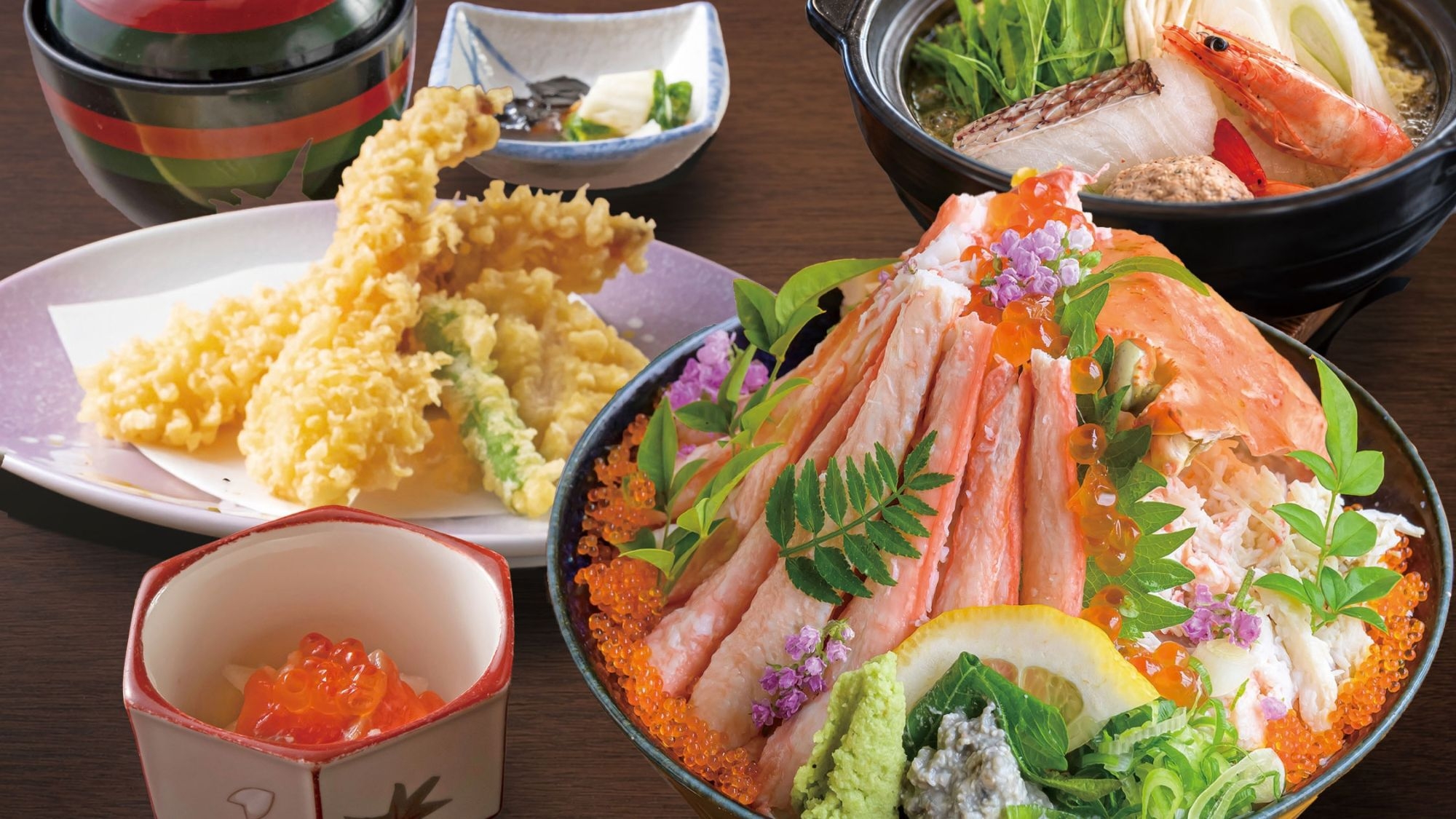 【日帰り〇紅ずわい盛匠丼御膳＜年明け＞】蟹身と海鮮たっぷり♪匠丼に小鉢や海鮮鍋他〇個室休憩＋ご入浴付