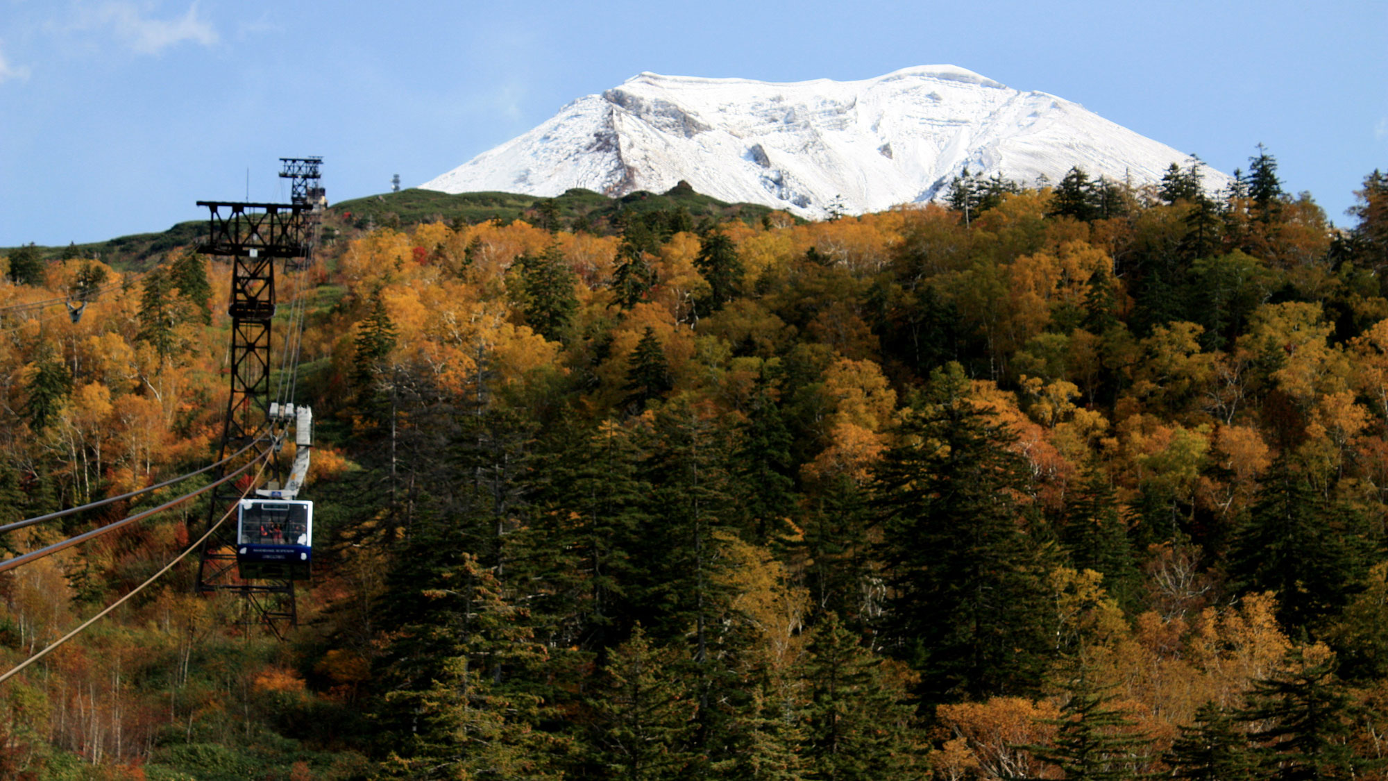 紅葉の中雪景色の旭岳に向かうロープウェイ