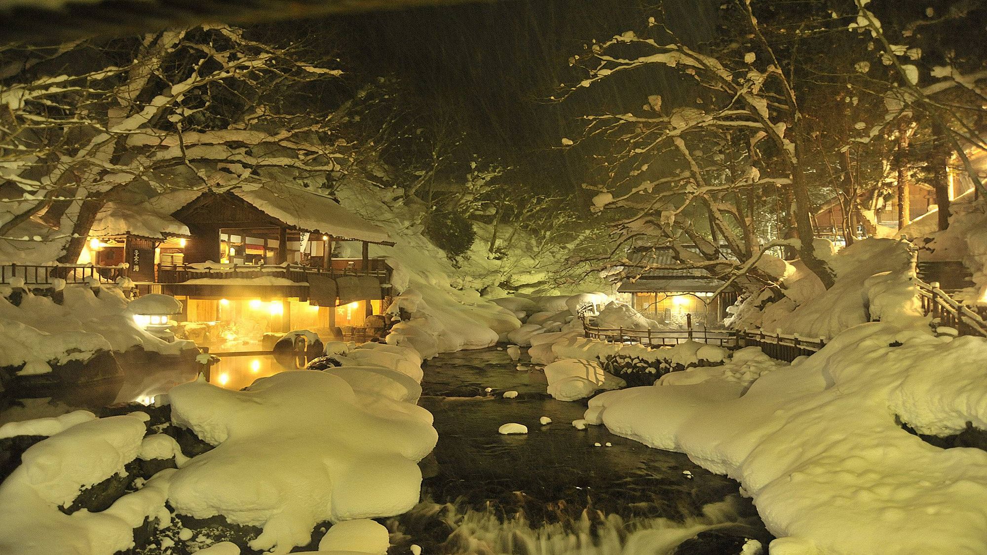 『子宝の湯』冬・混浴・200畳／雪景色を眺めながらゆったり露天風呂を満喫ください。