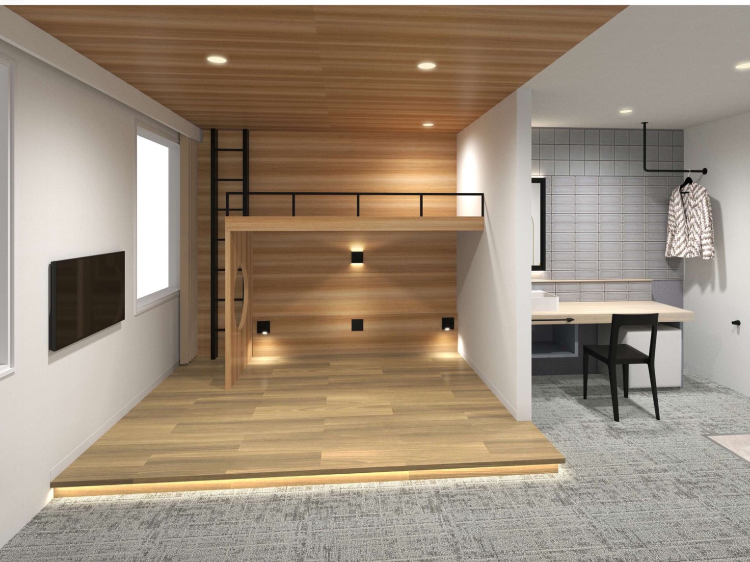 ロフトセミスイート例カジュアルモダンスタイルでセミダブル２名＋ロフトベッド２名の最大４名定員。