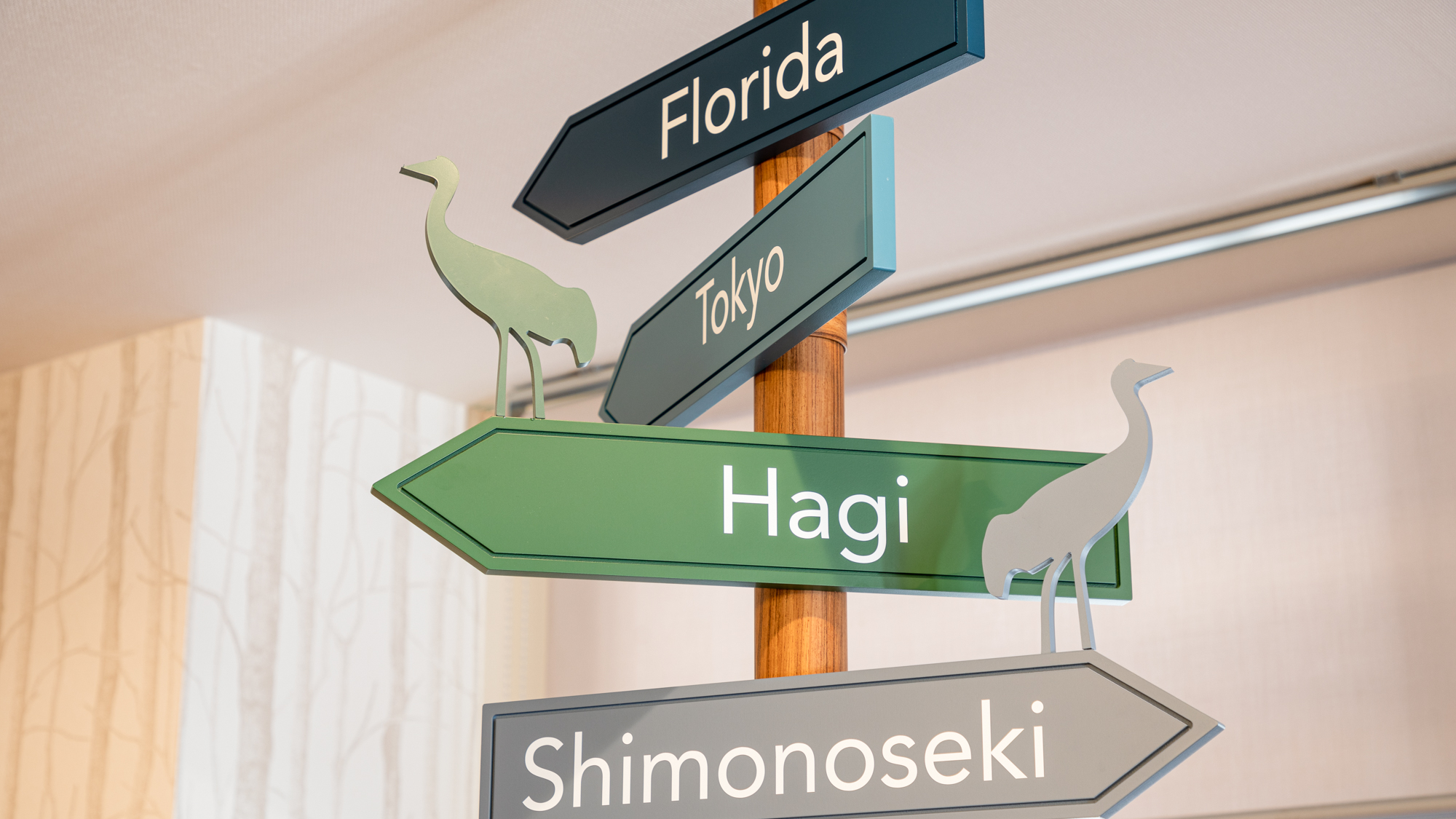 【ライブラリーカフェ】山口県の鳥「ナベヅル」をモチーフにした看板。それぞれ正しい方角を指しています