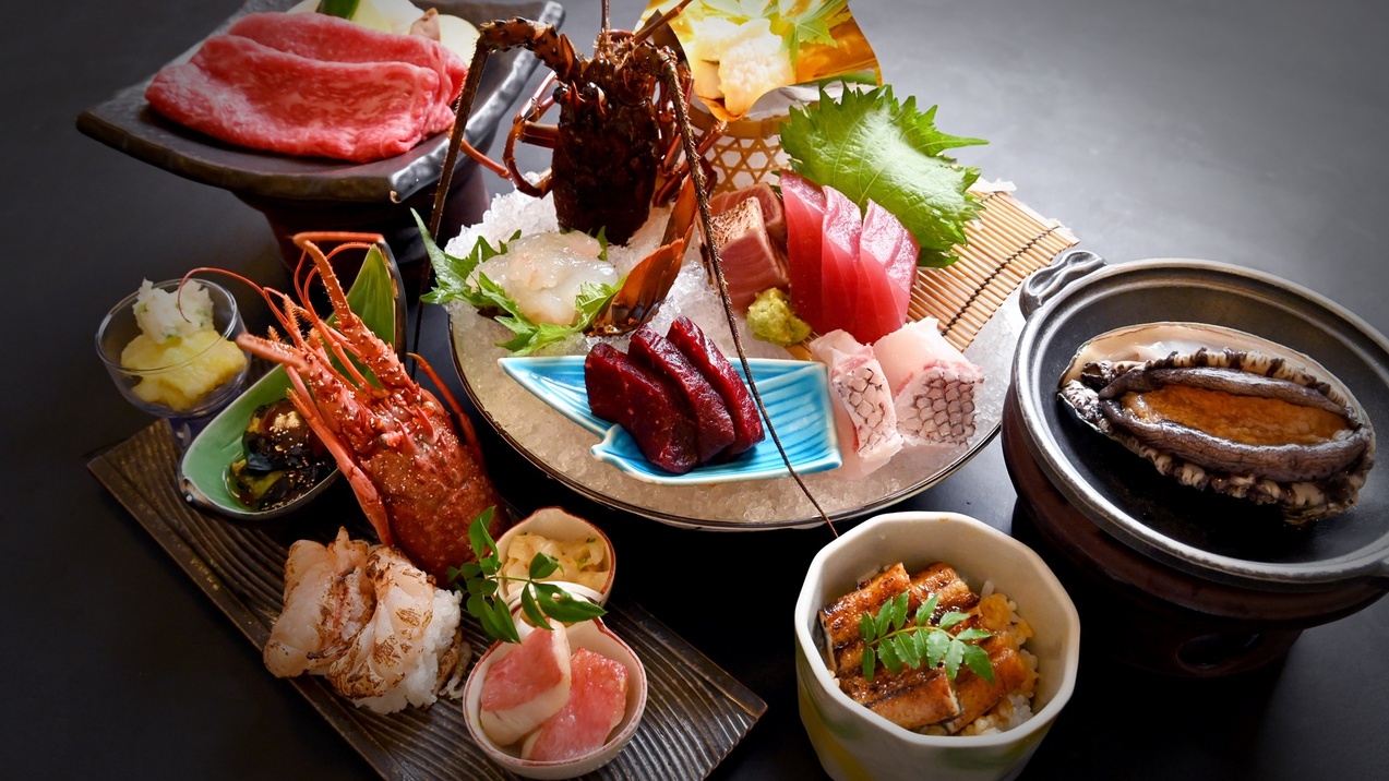 【豪華会席】旬の高級食材（伊勢海老・鯨・鮑）と選べる一品（生まぐろor熊野牛）を心ゆくまで堪能