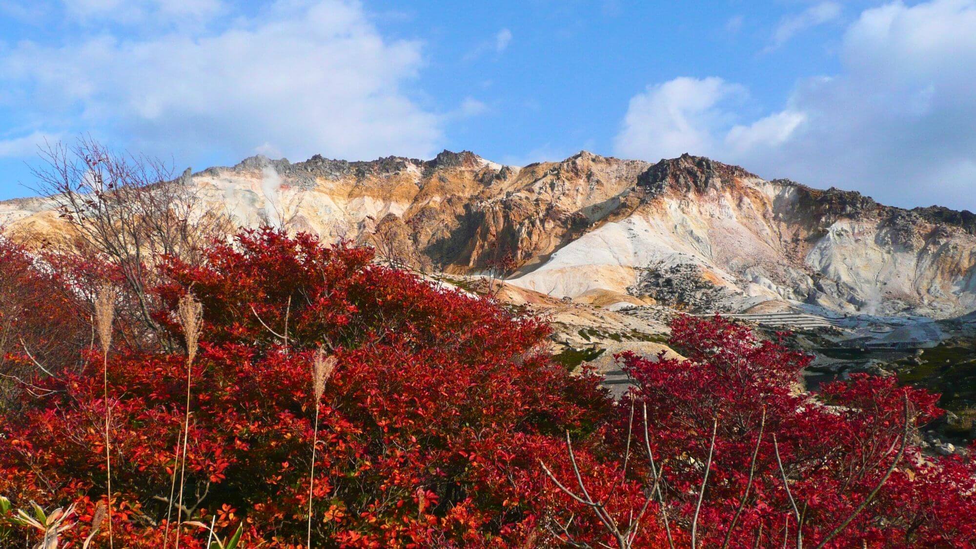 【秋の恵山】恵山は秋も美しい。赤く色づく山肌と、荒々しい火口の迫力を満喫。