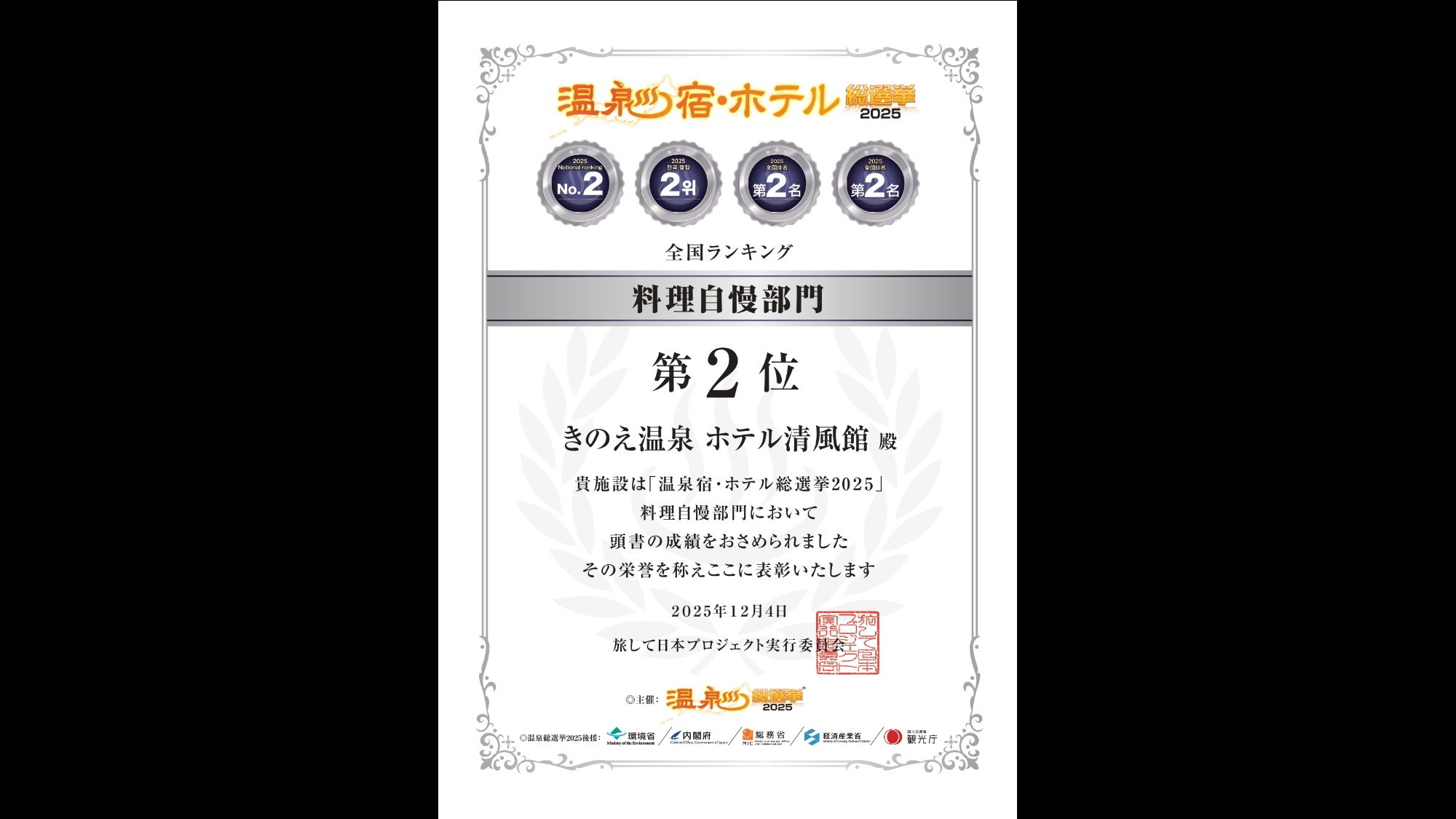 温泉宿・ホテル総選挙　料理自慢部門2位