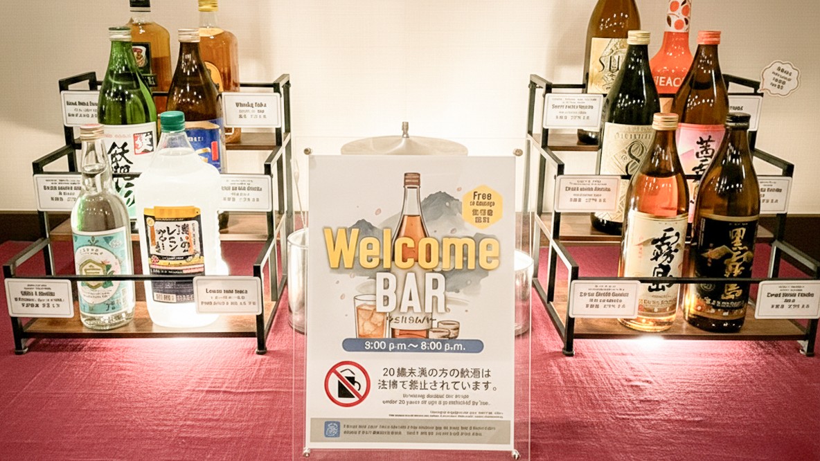 ウェルカムバー♪焼酎やリキュール、ウイスキーを取り揃えております♪