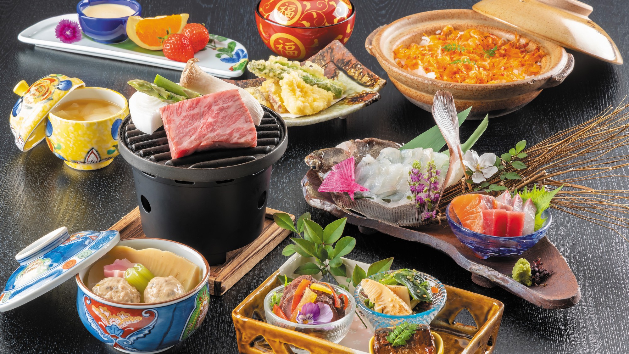 ■「瀬戸内会席」さぬき会席に県ブランド牛であるオリーブ牛ステーキを加えた人気メニュー！！