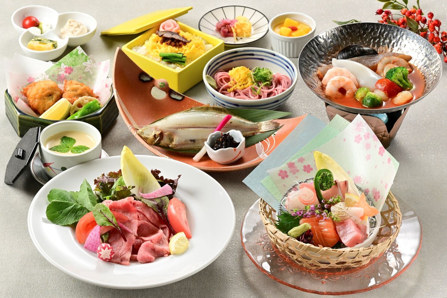 【いいとこ、掘りだくさんキャンペーン対象】スタンダード「かがやき会席」若狭牛冷しゃぶ・魚介洋風鍋他
