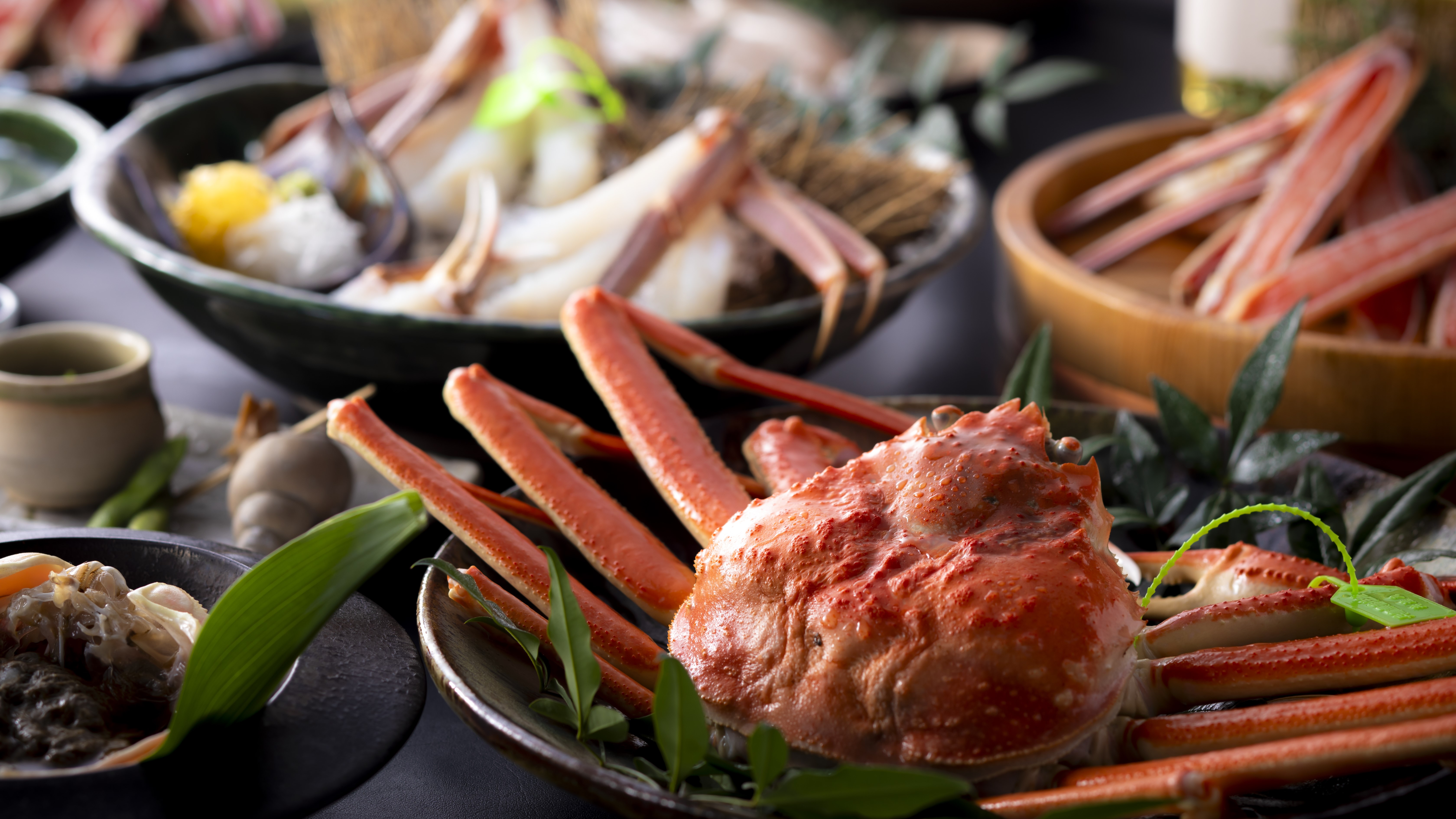 【冬・2人で1杯茹で松葉蟹付】活松葉蟹刺し・甲羅味噌焼きなどを味わうフルコース