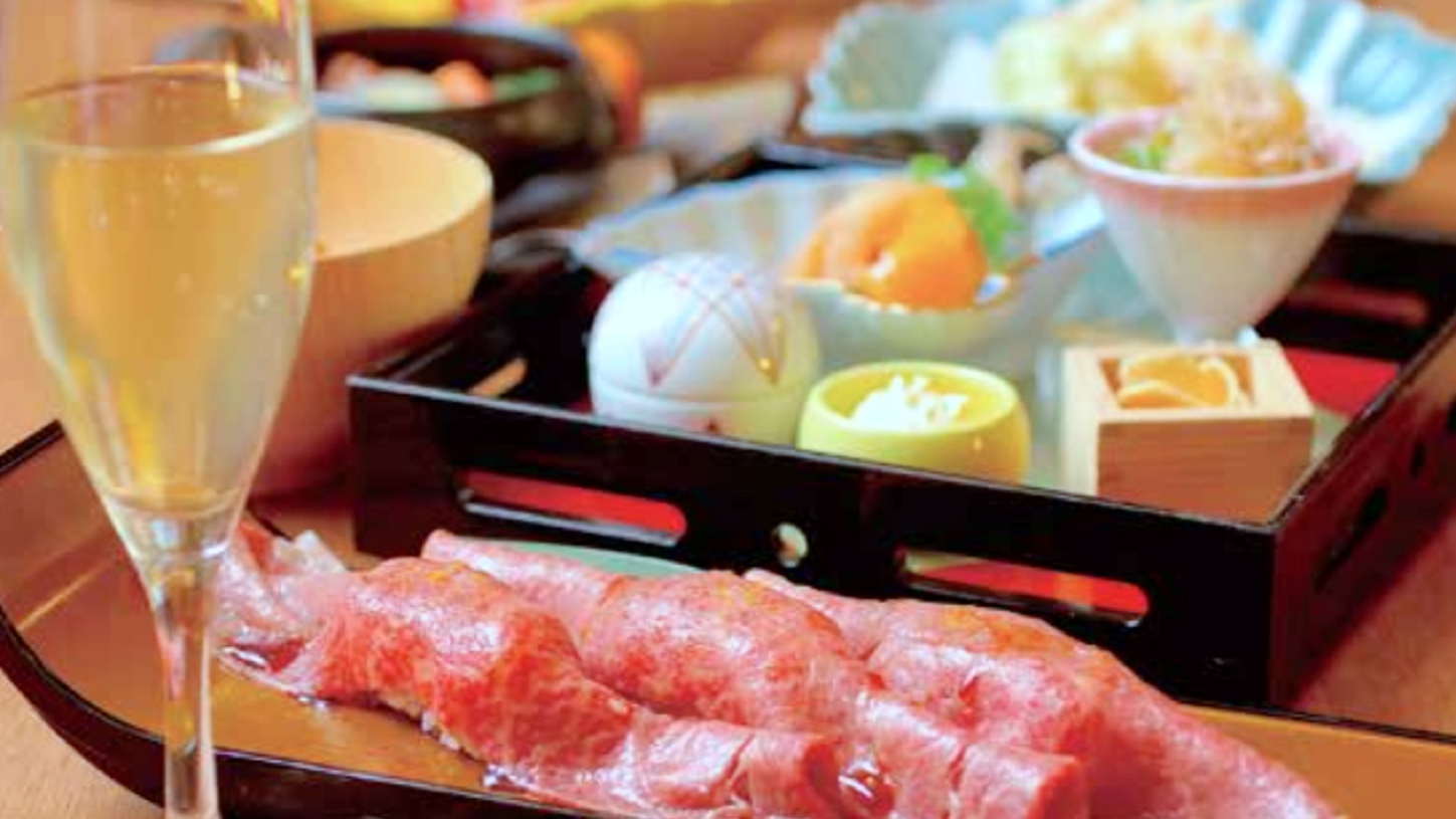 《肉寿司》〜通常のお料理にとろける牛肉のお寿司が三貫ついたスペシャルプラン〜【源泉掛け流し客室】