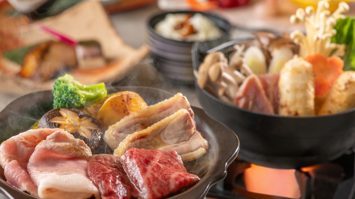 【季節の会席/春】秋田錦牛、比内地鶏、八幡平ポークの食べ比べをお楽しみください。（3月～5月）