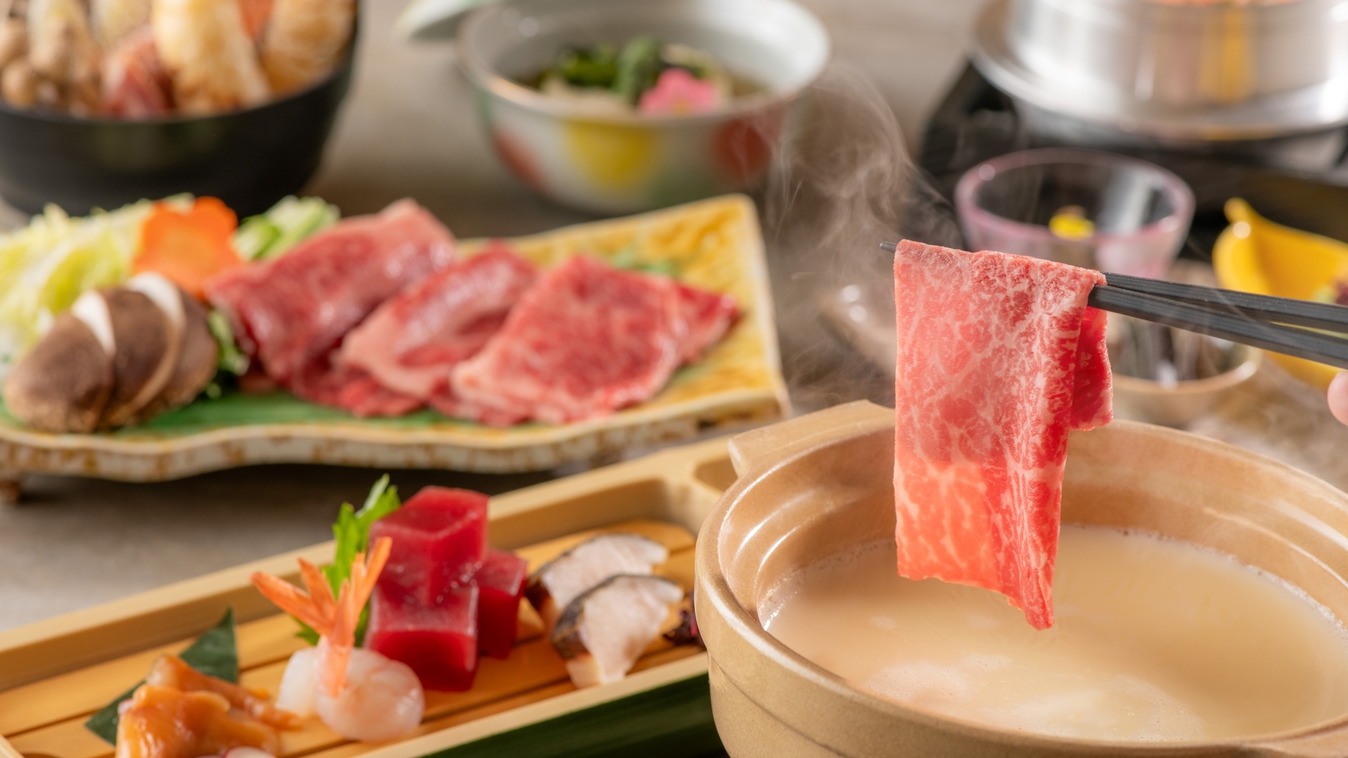 【土地の恵み会席/春】姫神和牛豆乳しゃぶ、桜エビとグリーンピースの釜飯など（3月～5月）