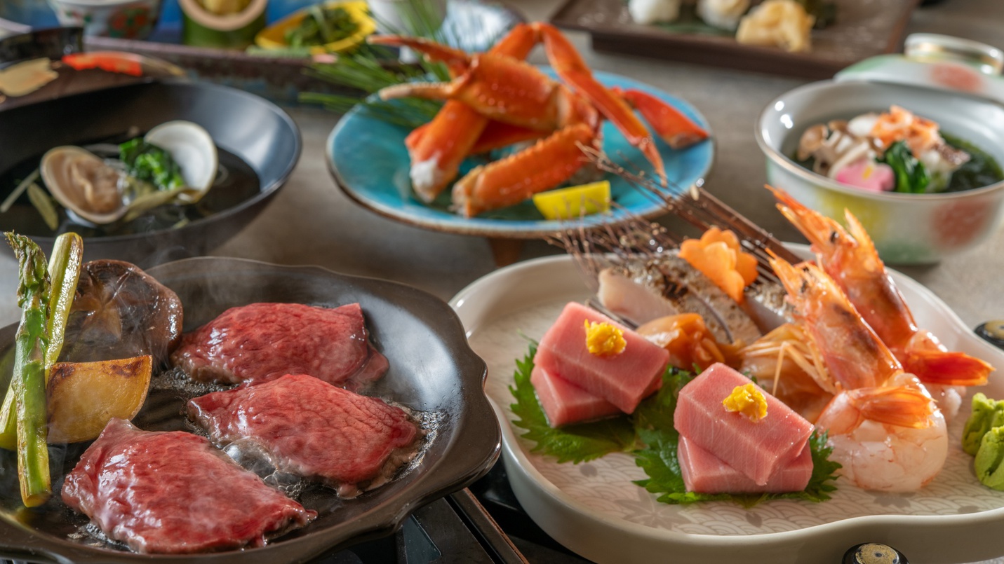 【極み会席・春】前沢牛陶板焼きやズワイガニ、山菜漬物寿司！秋田の春味覚を堪能！
