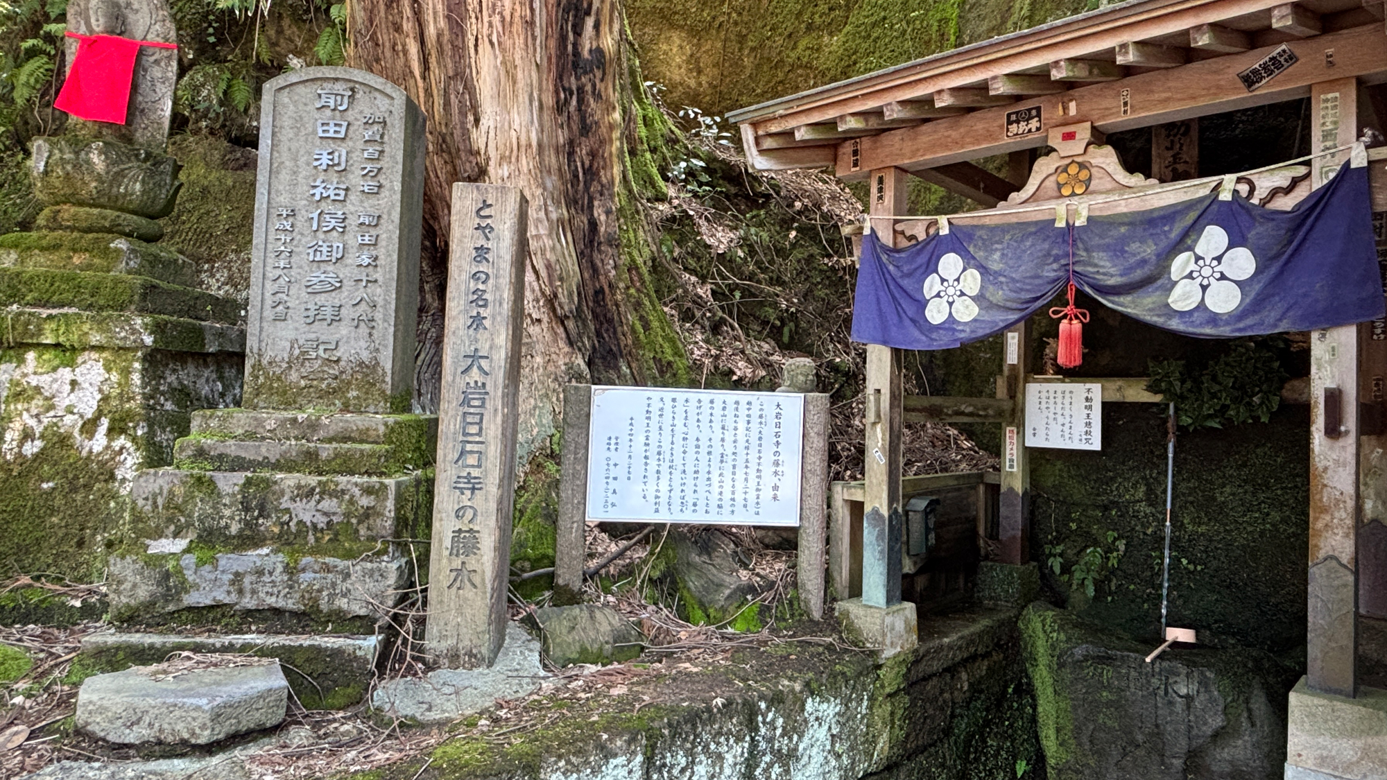 【大岩観光　大岩山日石寺の藤水　車で１０分】不動明王の回りから湧く霊水　眼病に効くといわれています