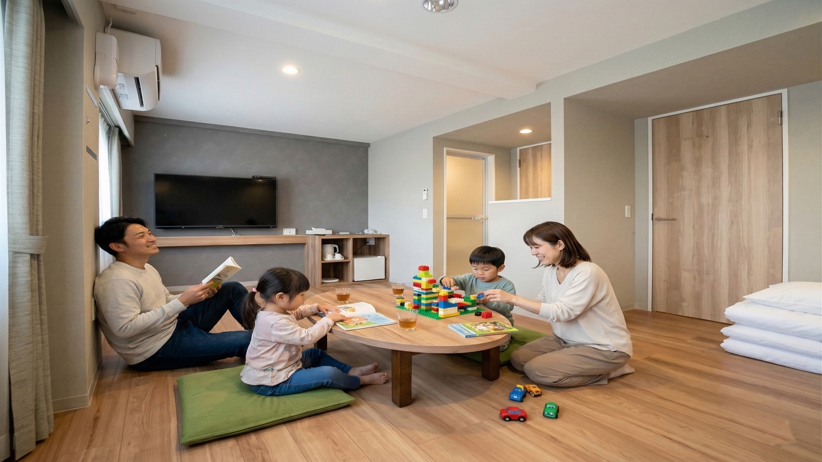 まるで自宅のリビングにいるかのような、開放感あふれるお部屋で家族の団らんを。ローテーブルを囲んでおもちゃで遊んだり、読書を楽しんだり、小さなお子様がいても安心のフラットな造りが魅力です。ゆったりとした広さがあるので、荷物の多い家族旅行でも窮屈さを感じることなくリラックスしてお過ごしいただけます。大切な家族との旅の思い出に、心休まるひとときをご提供いたします。