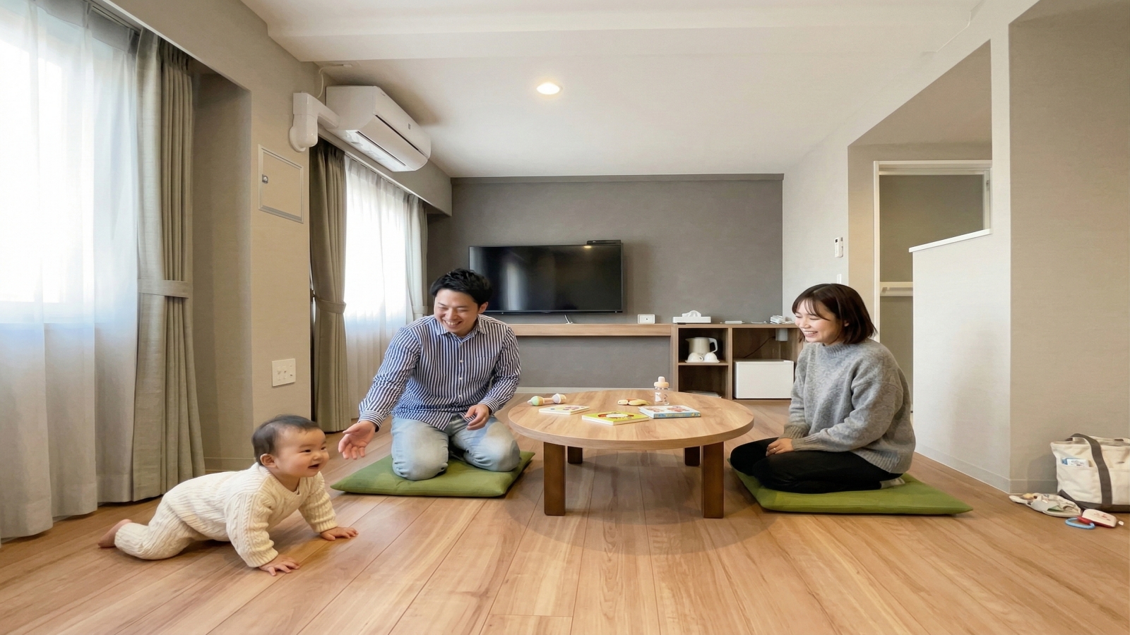 赤ちゃん連れの旅行に最適な、清潔感あふれるお部屋です。お部屋に入ったら靴を脱ぐスタイルなので、ハイハイ時期の赤ちゃんも自由に動き回れます。お布団スタイルはベッドからの転落心配がなく、添い寝も安心。角のない丸いローテーブルや、ミルク作りに便利なケトルなど、パパ・ママに嬉しい設備も充実。 スタッフ一同、お子様のホテルデビューを温かくサポートします。