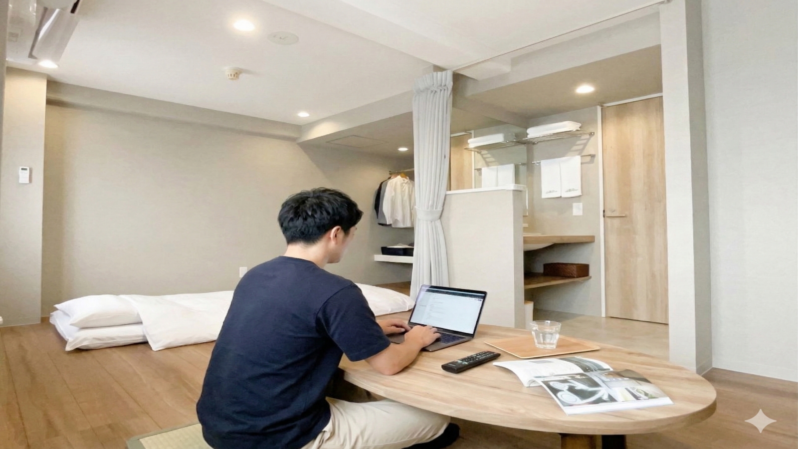 仕切りを最小限に抑えた開放的なレイアウト。お仕事を終えたら、すぐ横に用意されたお布団でゆっくりとお休みいただけます。清潔感のある洗面エリアや整理しやすいオープンクローゼットなど、宿泊中の「動きやすさ」を考えたこだわりが随所に。フローリングの温もりを感じながら、素足で自由に動き回れる心地よさが、慣れない旅先での疲れを優しく解きほぐしてくれます。