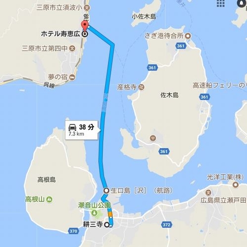 googlemapより　未来神の丘へは当館目の前の須波港からが便利　