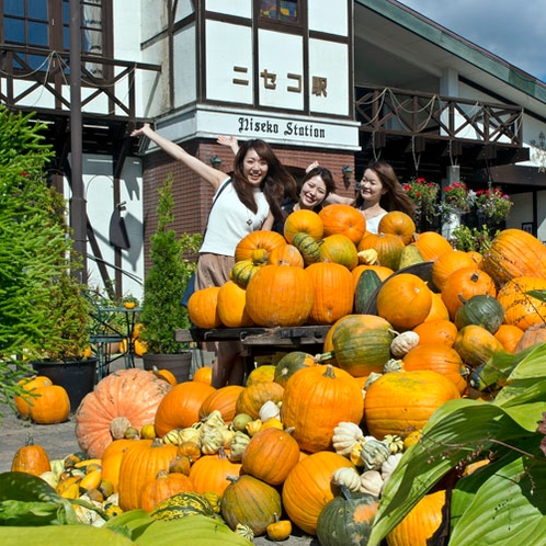 *ニセコ駅・秋イメージ／9～10月はハロウィンに向けて、大小さまざまなかぼちゃが出迎えてくれます。